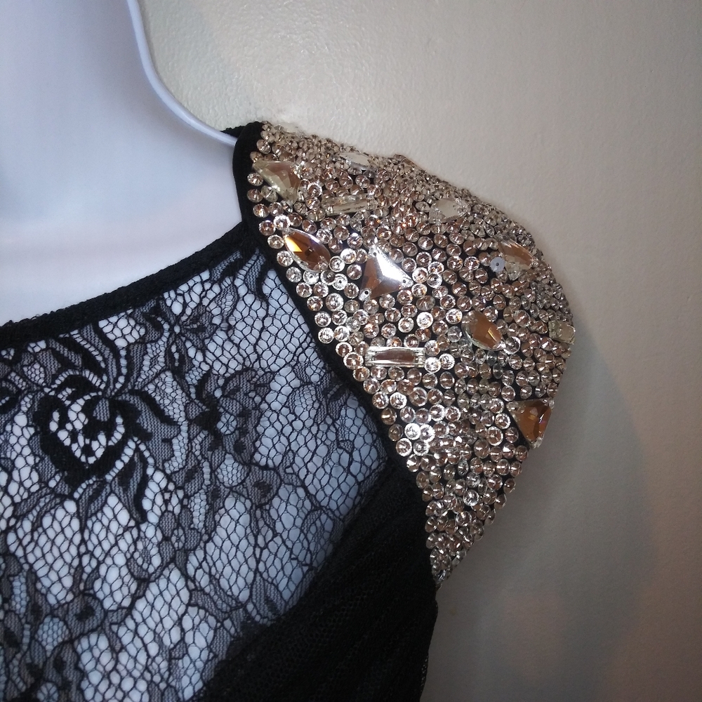 Jovani Sexy Black Rhinestone & Bead Studded Cap Sleeved Cocktail Dress - Picture 4 of 16